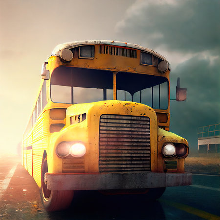 Abandoned yellow school bus in an apocalyptic landscape. Post-apocalyptic atmosphere. Generative AIの素材