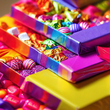 Colorful lollipops and candy. An assortment of delicious candies. Generative AI.の素材