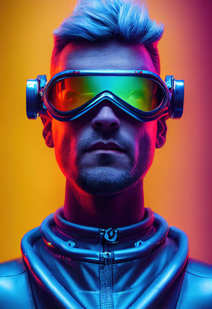 A fictional person, not based on a real person. Portrait of a sci-fi cyberpunk man. High-tech futuristic man from the future. The concept of virtual reality and cyberpunk. 3D render.の素材