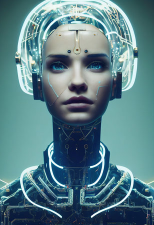 A fictional person, not based on a real person. Portrait of a sci-fi cyberpunk girl. High-tech futuristic woman from the future. The concept of virtual reality and cyberpunk. 3D render.の素材