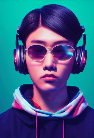 A fictional person, not based on a real person. A portrait of a creative beauty wearing fancy headphones. A lover of fashionable music. 3d renderingの素材