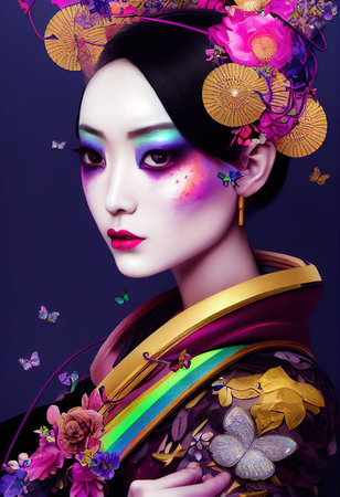 A fictional person, not based on a real person. Abstract portrait of a beautiful fictional asian girl. Fashionable cute woman. Creative beautiful girl. 3d renderingの素材