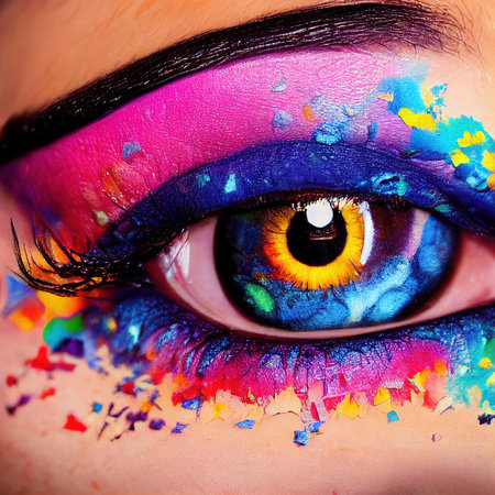 Fantasy eye with beautiful makeup close-up. The eye of a fashionable woman with bright colors. Generative AI.の素材