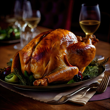 Christmas delicious juicy turkey. Holiday traditional dishes for Christmas or Thanksgiving. Generative AI.の素材