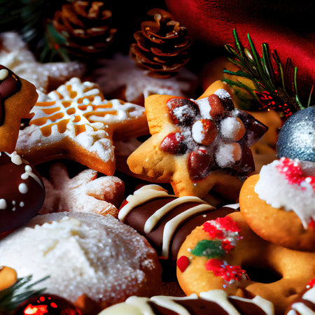 Delicious homemade Christmas cookies and other Christmas treats, close-up view. Generative AIの素材