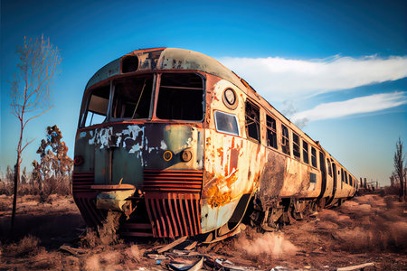 Abandoned rusty train with cars. Old ruined transport after the apocalypse. Generative AIの素材