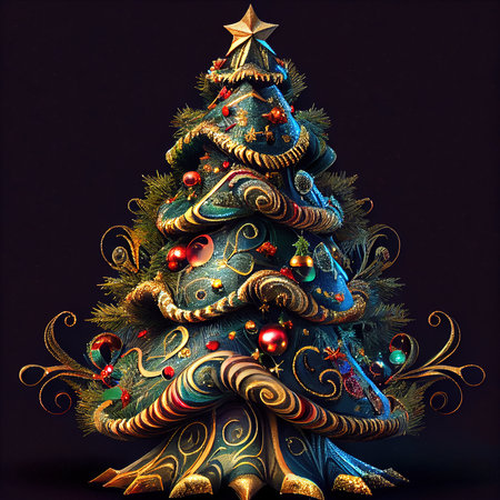 An abstract decorated Christmas tree on a black background. Generative AIの素材