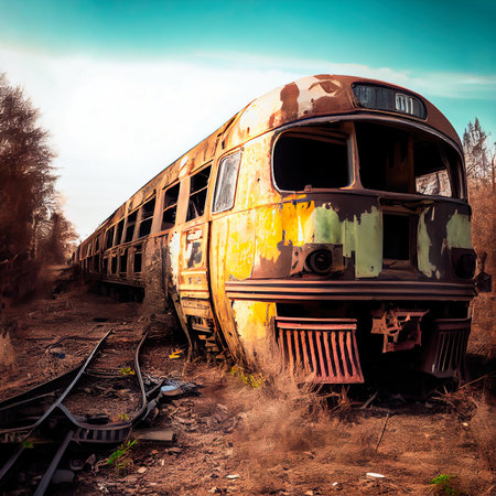 Abandoned rusty train with cars. Old ruined transport after the apocalypse. Generative AIの素材