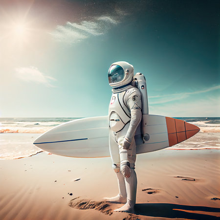 An astronaut with a surfboard. A high-tech astronaut from the future. The concept of space travel. Generative AIの素材