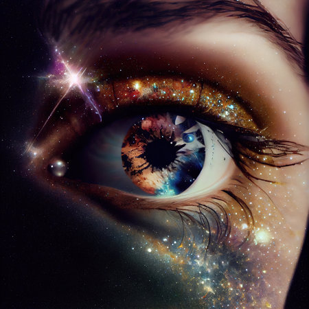 Fantasy eye with beautiful makeup close-up. The eye of a fashionable woman with bright colors. 3D rendering.の素材