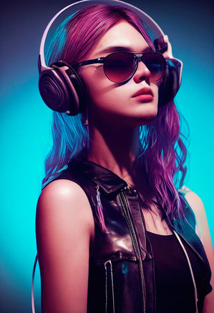 A fictional person, not based on a real person. A portrait of a creative beauty wearing fancy headphones. A lover of fashionable music. 3d renderingの素材