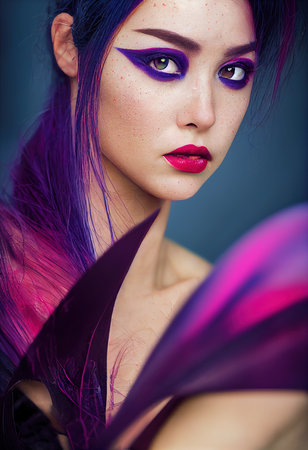 A fictional person, not based on a real person. Abstract portrait of a beautiful fictional girl. Fashionable cute woman. Creative beautiful girl. 3d renderingの素材