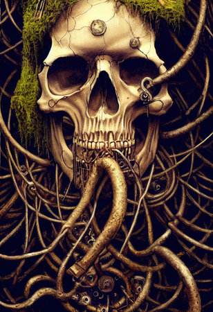 A horrible ancient steampunk skeleton. Halloween nightmarish Concept. 3D rendering.の素材