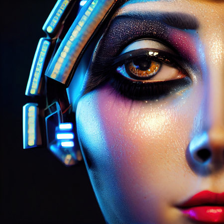 A fictional person, not based on a real person. Portrait of a sci-fi cyberpunk girl. High-tech futuristic woman from the future. The concept of virtual reality and cyberpunk. 3D render.の素材