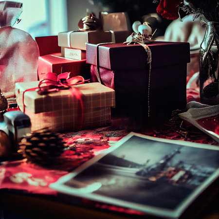 Christmas gifts on dark background. Boxes of gifts on the table. Christmas atmosphere. 3D renderingの素材