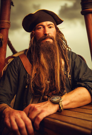 Portrait of a brave pirate on the background of the sea. A pirate in traditional pirate clothing. 3d renderingの素材