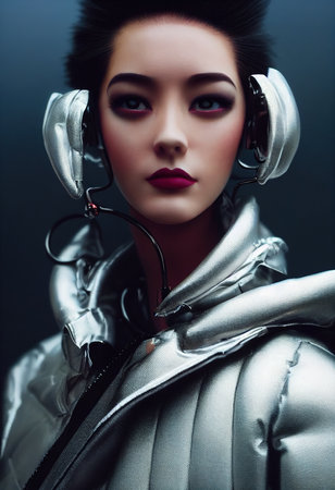 A fictional person, not based on a real person. Portrait of a sci-fi cyberpunk girl. High-tech futuristic woman from the future. The concept of virtual reality and cyberpunk. 3D render.の素材