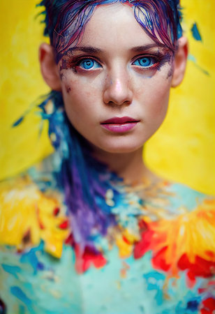 A fictional person, not based on a real person. Abstract portrait of a beautiful fictional girl. Fashionable cute woman. Creative beautiful girl. 3d renderingの素材