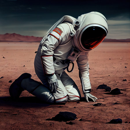 An astronaut on an alien planet. A high-tech astronaut from the future. The concept of space travel. 3D renderingの素材