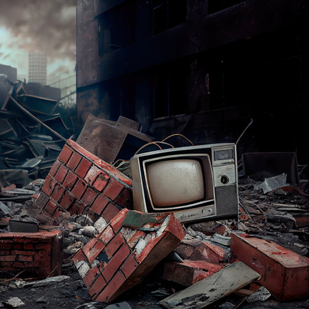 An old TV lying on the ruins of a house. A post-apocalyptic ruined city. Destroyed buildings, mountains of rubble and debris. The concept of the apocalypse. 3d renderingの素材