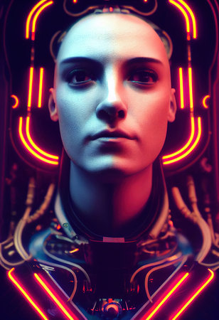 A fictional person, not based on a real person. Portrait of a sci-fi cyberpunk girl. High-tech futuristic woman from the future. The concept of virtual reality and cyberpunk. 3D render.の素材