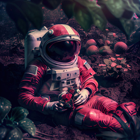 An astronaut on an alien planet. A high-tech astronaut from the future. The concept of space travel. 3D renderingの素材