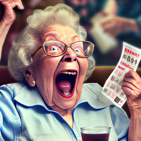 An elderly woman plays bingo and wins. Grandmother rejoices at winning the bingo. 3d renderingの素材