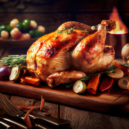 Christmas delicious juicy turkey. Holiday traditional dishes for Christmas or Thanksgiving. 3D rendering.の素材