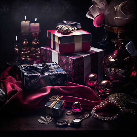 Christmas gifts on dark background. Boxes of gifts on the table. Christmas atmosphere. 3D renderingの素材