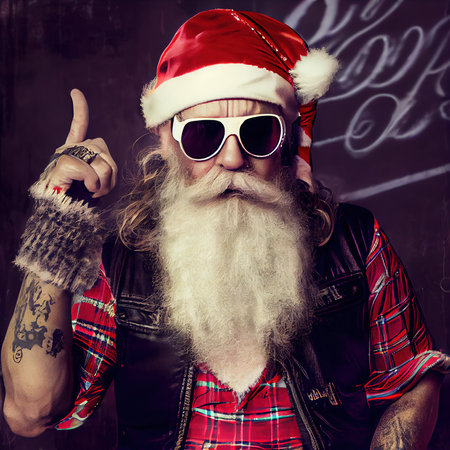 A fictional person, not based on a real person. A quirky old bearded Santa Claus rockenroller. A winter holiday concept. 3d renderingの素材