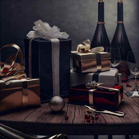 Christmas gifts on dark background. Boxes of gifts on the table. Christmas atmosphere. 3D renderingの素材