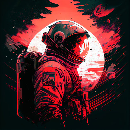 An astronaut on an alien planet. A high-tech astronaut from the future. The concept of space travel. 3D renderingの素材