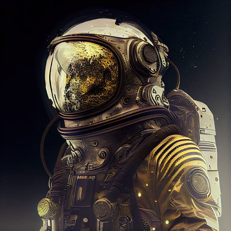 A fictional person, not based on a real person. Portrait of an fictional astronaut in a spacesuit. High-tech astronaut from the future. The concept of space travel. 3D renderingの素材