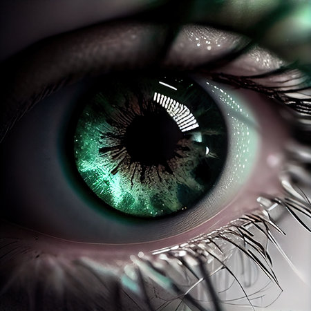 A close-up of the human eye. Close-up of the amazing pupil. 3D rendering.の素材