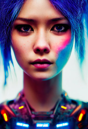 A fictional person, not based on a real person. Portrait of a sci-fi cyberpunk girl. High-tech futuristic woman from the future. The concept of virtual reality and cyberpunk. 3D render.の素材