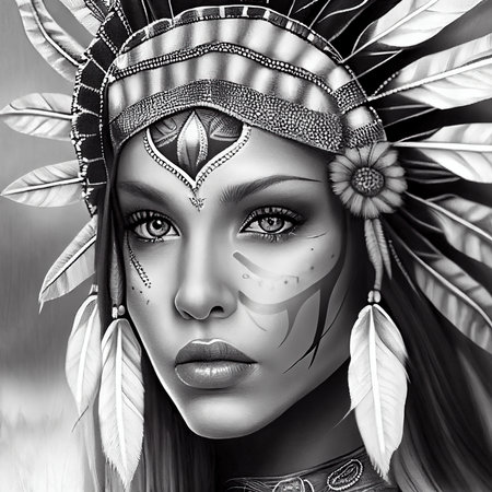 Portrait of a fictional Comanche Indian woman. An ancient Indian hunter against the backdrop of the steppe.の素材