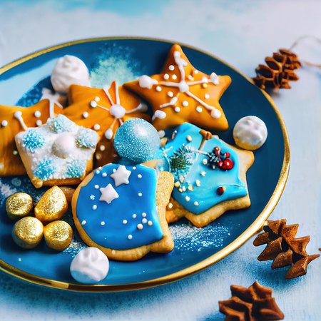 Delicious homemade Christmas cookies and other Christmas treats, close-up view. 3D renderの素材