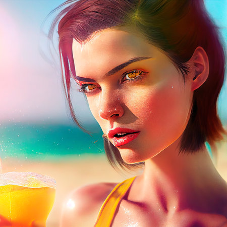 A fictional person, not based on a real person. An abstract portrait of a beautiful fictional girl with a cocktail. A fashionable pretty woman. Creative pretty girl. 3d renderingの素材