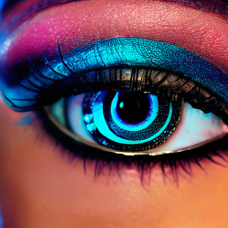 Fantasy eye with beautiful makeup close-up. The eye of a fashionable woman with bright colors. 3D rendering.の素材