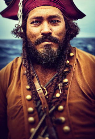 Portrait of a brave pirate on the background of the sea. A pirate in traditional pirate clothing. 3d renderingの素材
