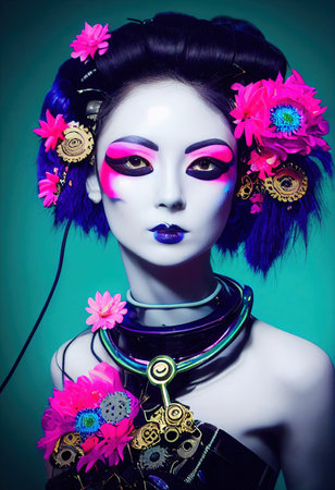 A fictional person, not based on a real person. Portrait of a Victorian steampunk robot with beautiful makeup. Artistic abstract steampunk fantasy. The concept of a vintage robot. 3d renderingの素材