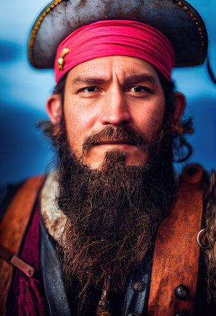 Portrait of a brave pirate on the background of the sea. A pirate in traditional pirate clothing. 3d renderingの素材