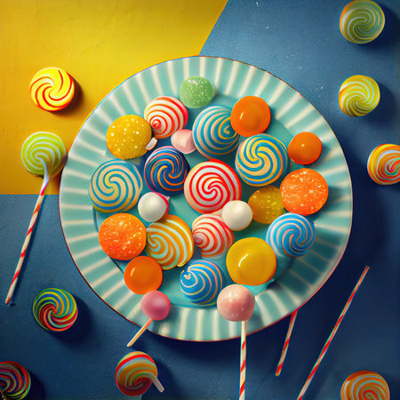 Colorful lollipops and candy. An assortment of delicious candies. 3D rendering.の素材