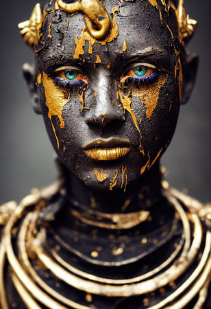 A fictional person, not based on a real person. Abstract portrait of a mystical creepy person with frightening makeup. Gothic mystery man. 3D renderingの素材