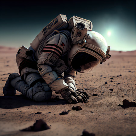 An astronaut on an alien planet. A high-tech astronaut from the future. The concept of space travel. 3D renderingの素材