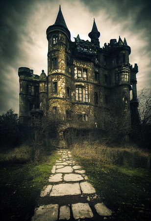Mystical and spooky castle in the darkness. An ancient historical castle. 3D renderingの素材