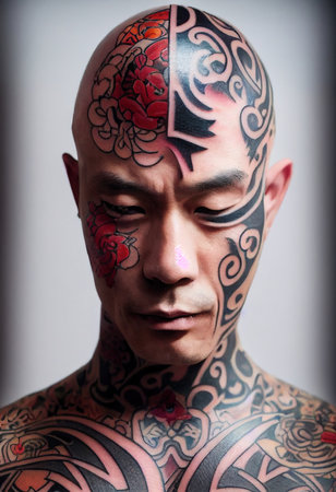 A fictional person, not based on a real person. Male model of a Yakuza man with a tattoo on his face and skull. 3D render.の素材
