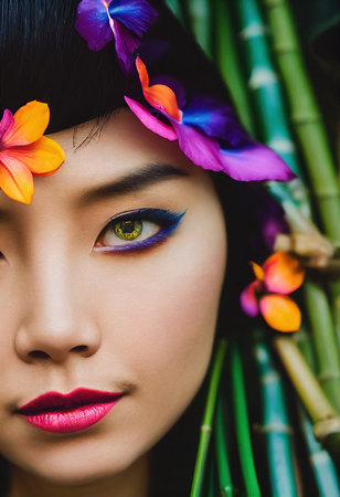 A fictional person, not based on a real person. Abstract portrait of a beautiful fictional girl. Fashionable cute woman. Creative beautiful girl. 3d renderingの素材