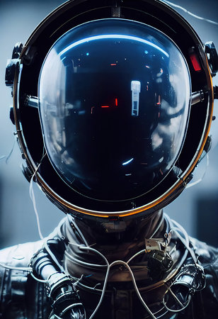 A fictional person, not based on a real person. Portrait of an fictional astronaut in a spacesuit. High-tech astronaut from the future. The concept of space travel. 3D renderingの素材