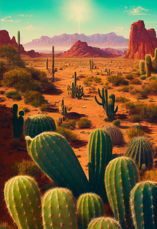 Colorful abstract bright desert cacti. Green wonderful cacti and amazing desert nature. Abstract colorful background. 3D rendering.の素材
